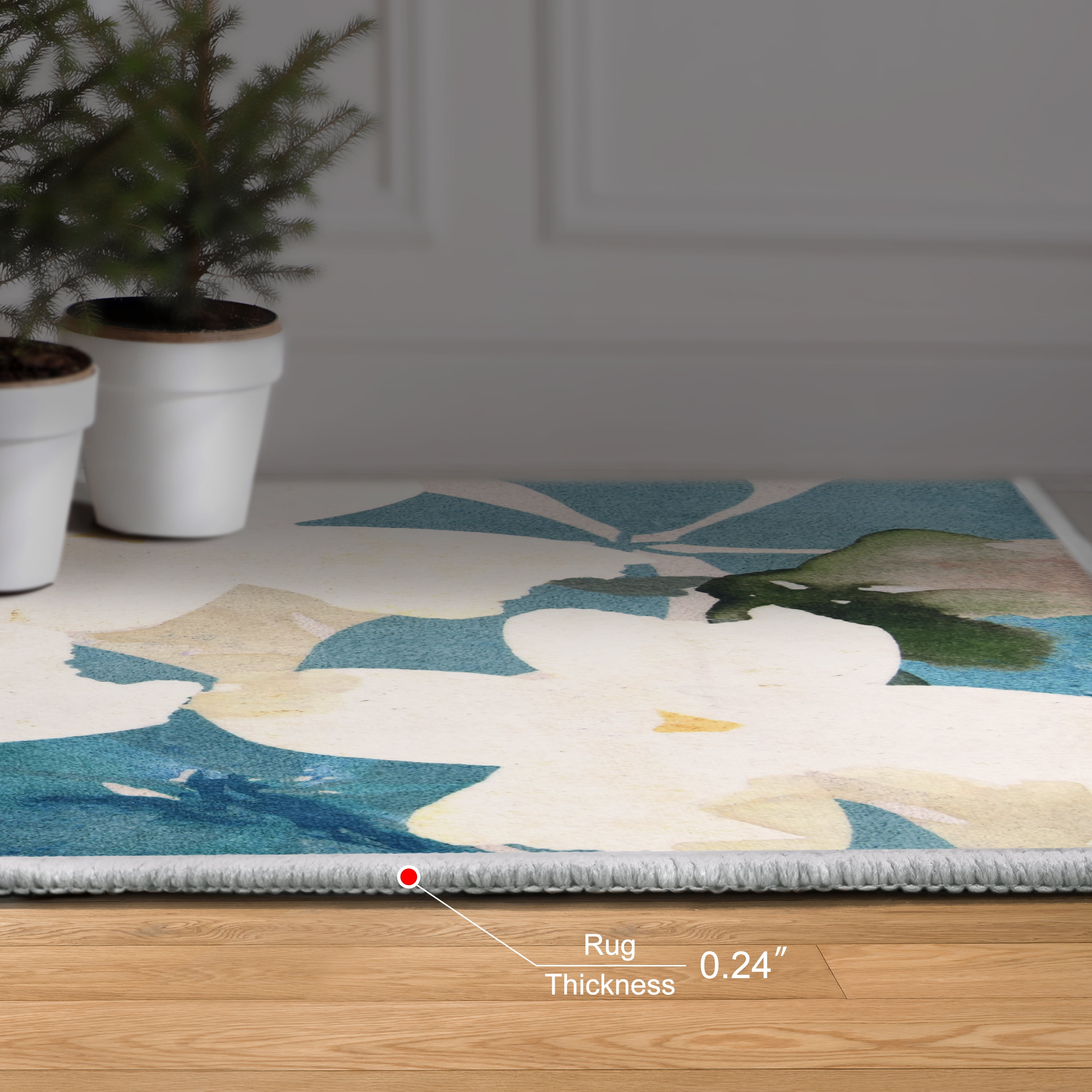 Peach Teal Floral, 5'x8' Hand Washable Flowers Art Area Rug