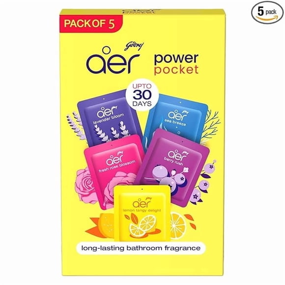 Godrej aer Power Pocket Bathroom Freshener – Assorted Pack of 5 (50g)| Lasts up to 30 days | Germ Protection