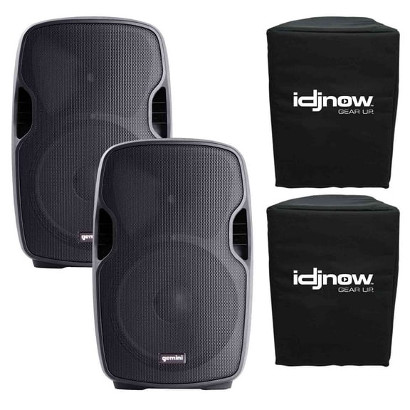 (2) Gemini AS-1500P Active Speakers with 15" Woofers, Wheels, & Free IDJNow Speaker Covers