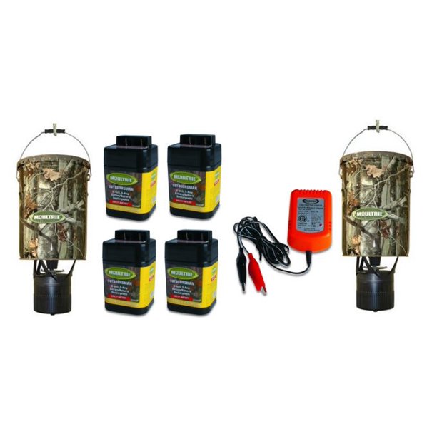 2 MOULTRIE 6.5 Gallon Econo Plus Hanging Deer Feeders + 4 6V Batteries