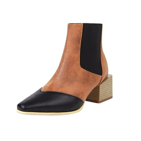 

Paiwinds Boots for Women Women s Snake Print Color Block Thick Heel Small Square Toe Side Zipper Rider Ankle Boots Brown