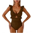 thumbnail image 4 of AHTJRT Women's One Piece Ruffle Swimsuit Plunging Neck Tie Back Swimwear Cutout Slimming High Waisted Monokini with Chest Pad Brown XL, 4 of 6