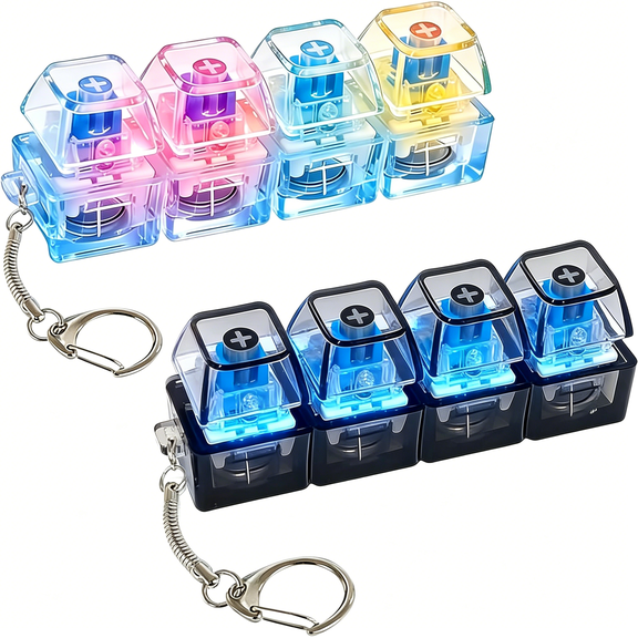 CYFW 4-Key Keyboard Clicker Fidget Gadget with LED Lights, Stress Relief Tool for Office Desk & Focus, Satisfying Tactile Feedback Keychain for Adults (Black & White 2-Pack)