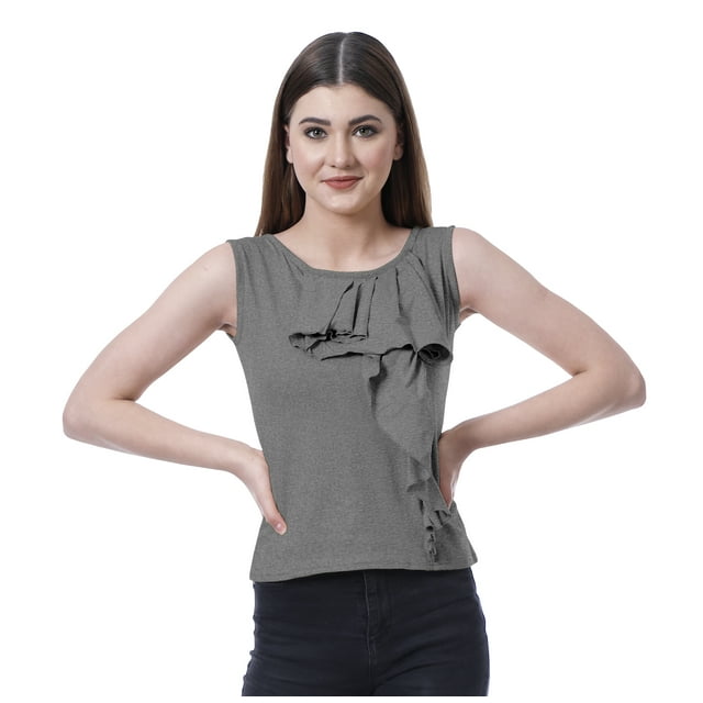 Moomaya Haut Sans Manches à Volants pour Femmes Blouse Col Rond T-Shirt Décontracté