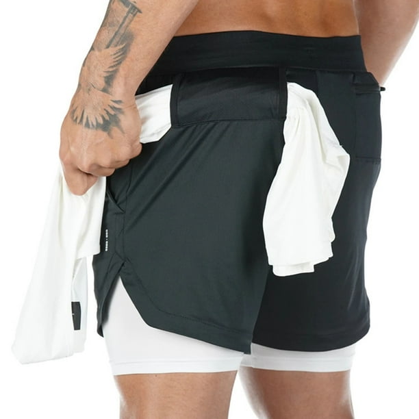 Men Sports Shorts Two Layer Pockets Towel Loop Drawstring Workout