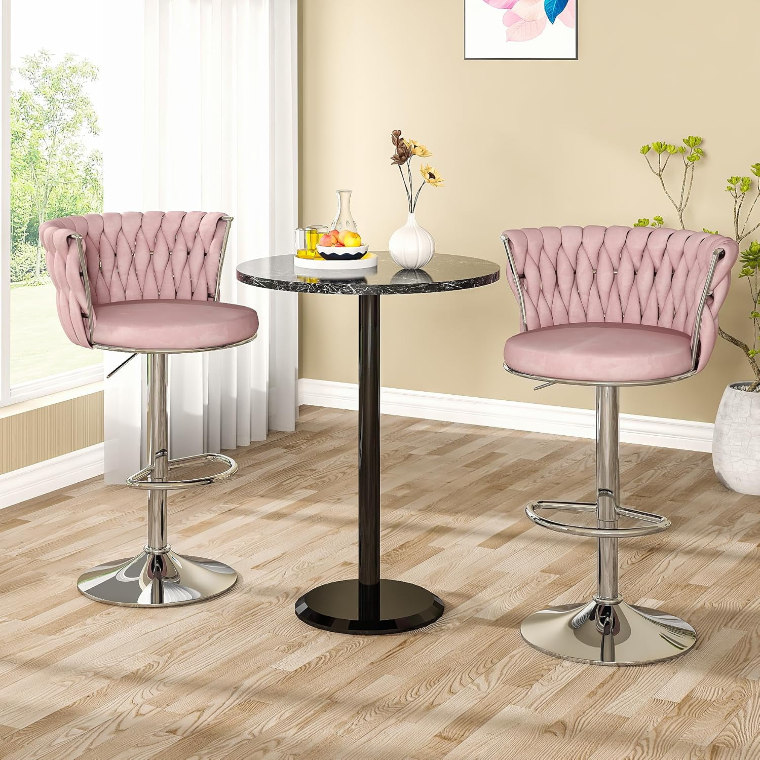 LinkRomat Velvet Bar Stools Set of 2,Swivel Counter Height Bar Stools with Backrest and Footrest,for Kitchen Island Dining Chairs,Pink