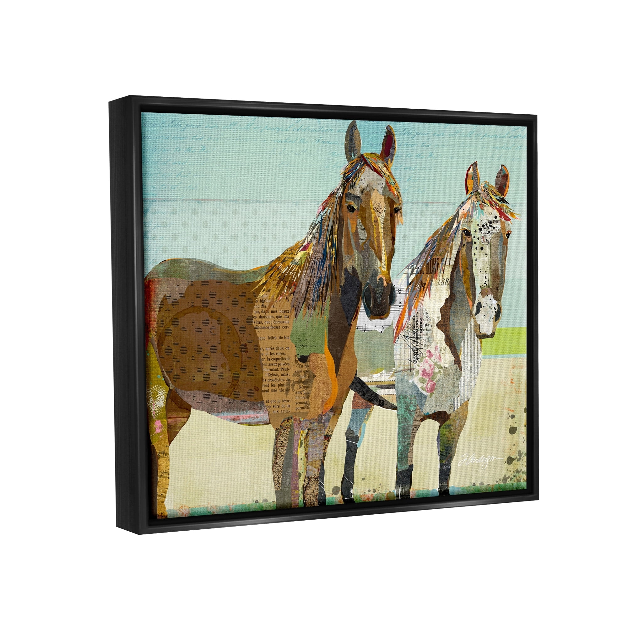 Stupell Industries Wild Farm Horses Layered Newsprint Collage Arrangement Graphic Art Jet Black Floating Framed Canvas Print Wall Art, Design by Traci Anderson