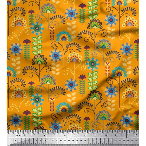 Soimoi Poly Georgette Fabric Leaves & Floral Clip Art Print Fabric by Yard 52 Inch Wide