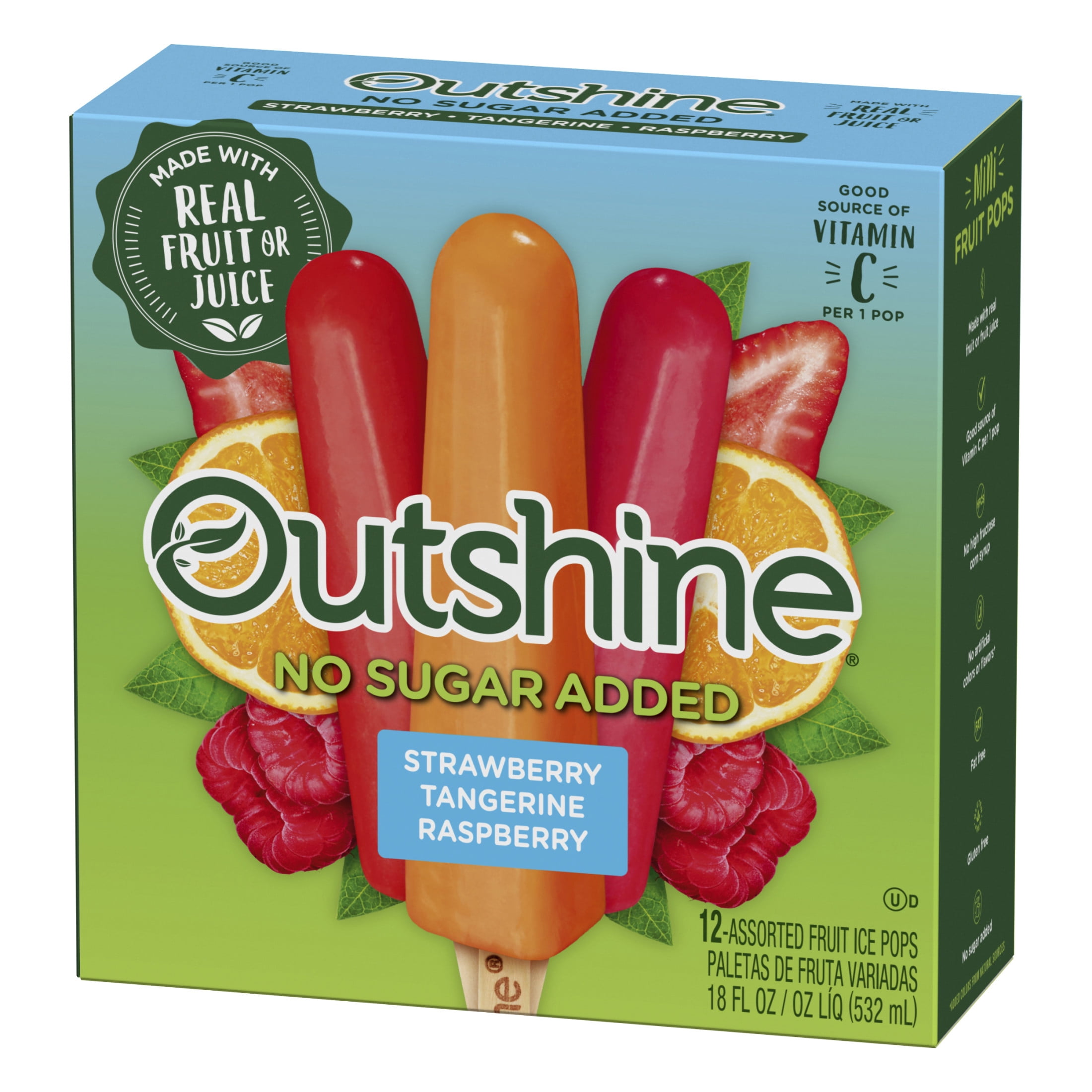 Outshine No Sugar Added Strawberry, Tangerine, and Raspberry Frozen Mini Fruit Pops, Variety Pack, 12 Count