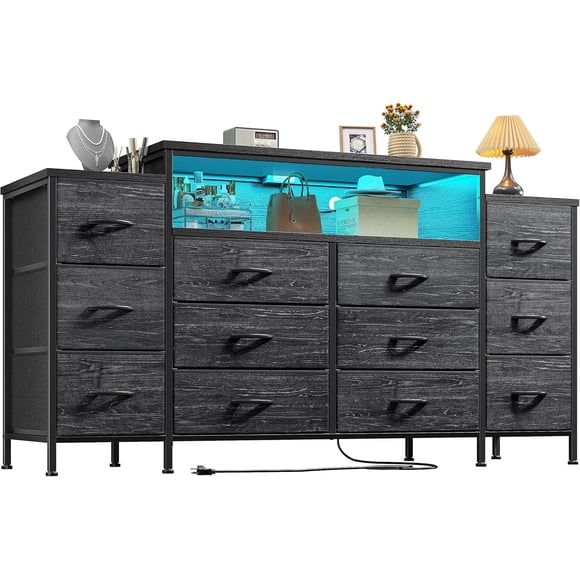 REKHHY 55" W Dresser for Bedroom with LED Lights & Charging Station 12 Drawer Dressers & Chests of Drawers Dresser TV Stand for Bedroom for Hanging 65" TV, Metal Frame & Fabric Drawers, Black