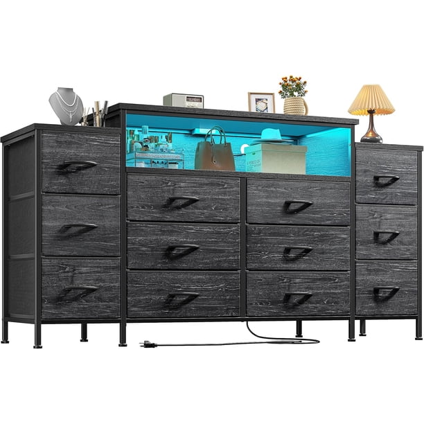 REKHHY 55" W Dresser for Bedroom with LED Lights & Charging Station 12 Drawer Dressers & Chests of Drawers Dresser TV Stand for Bedroom for Hanging 65" TV, Metal Frame & Fabric Drawers, Black