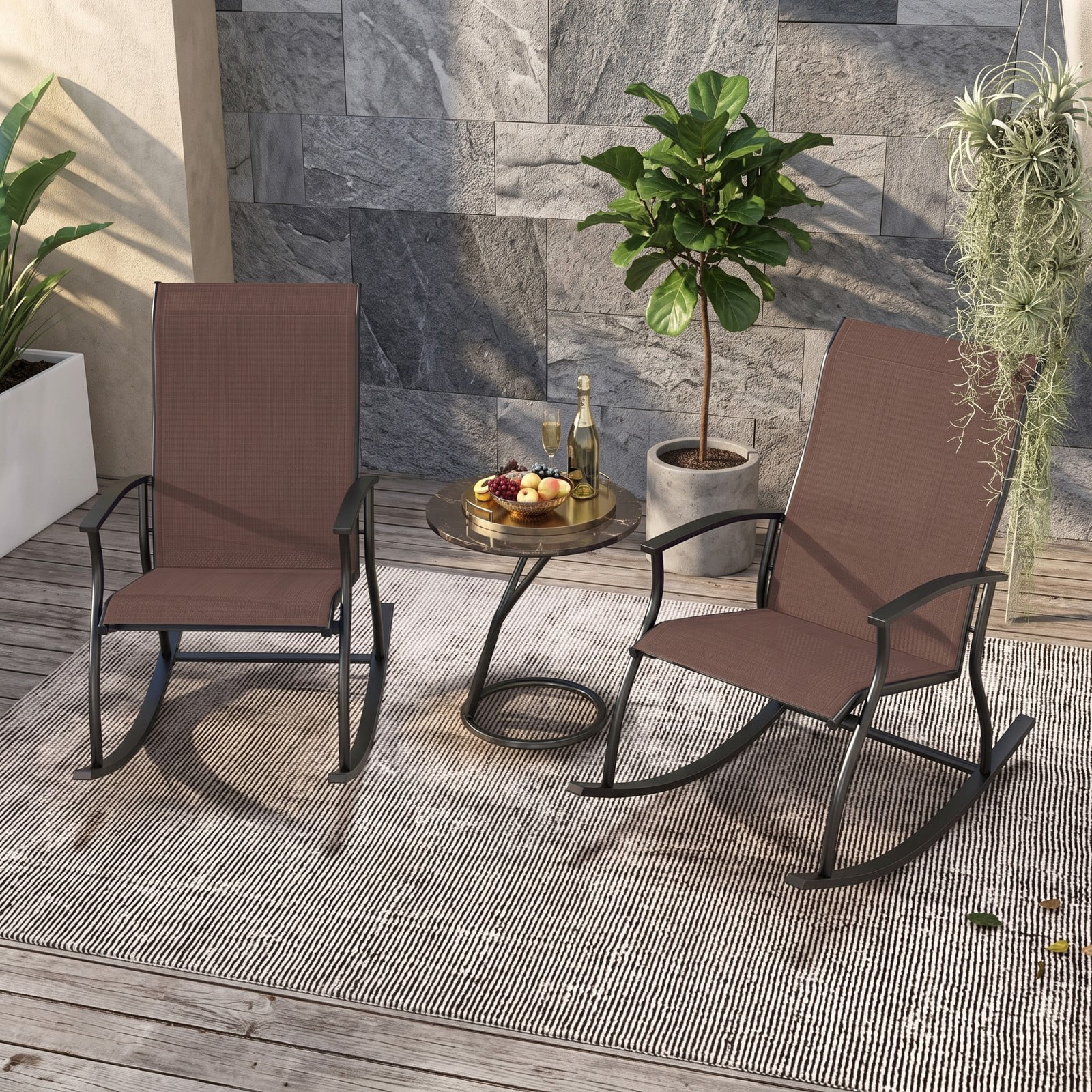 Furnibear Outdoor Rocking Chairs Set of 2 with Breathable Backrest and Rustproof Metal Frame for Backyard and Poolside, Brown