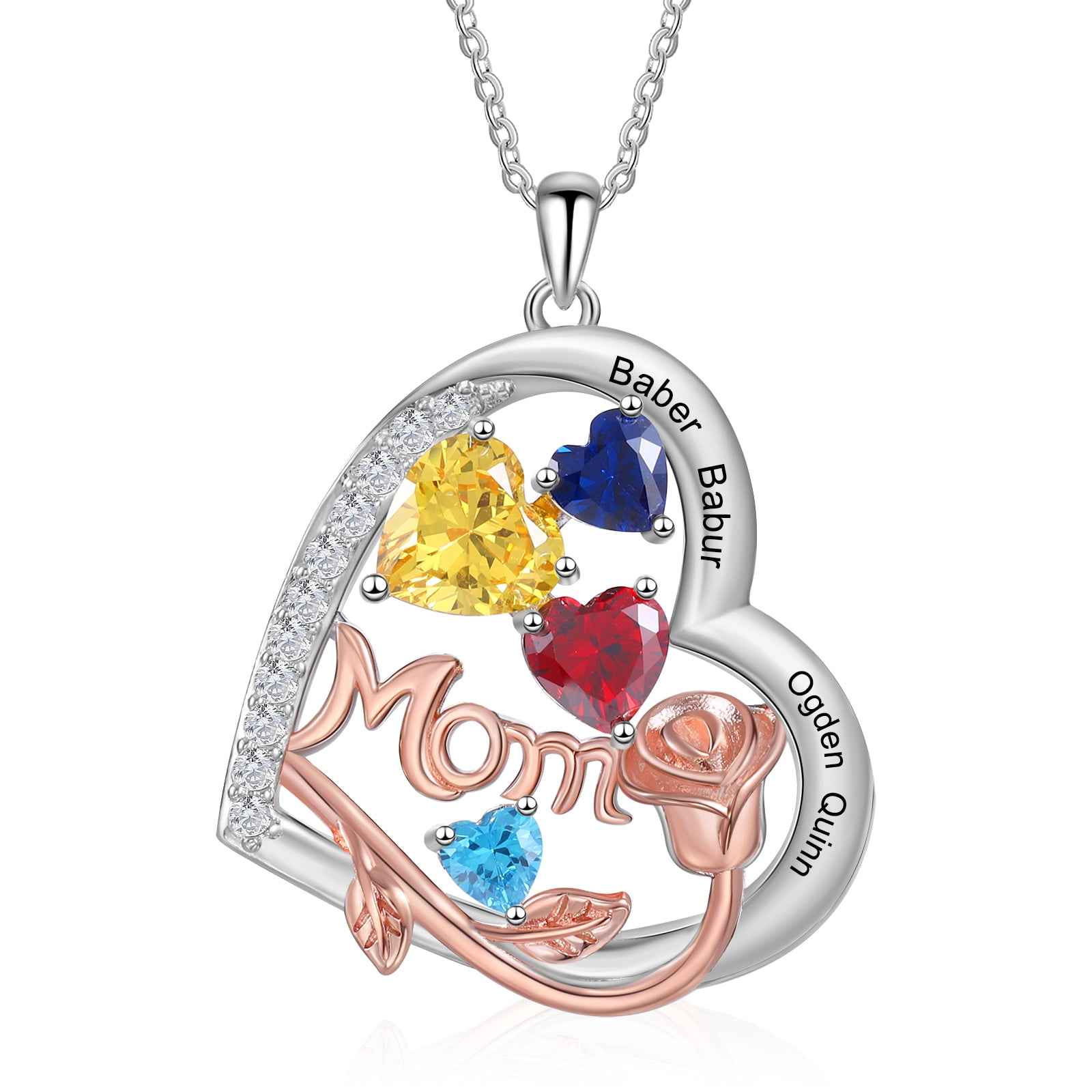 Mementos Customized Brass Heart Family Women's (Mother's) Necklace with 4 Birthstones and Names