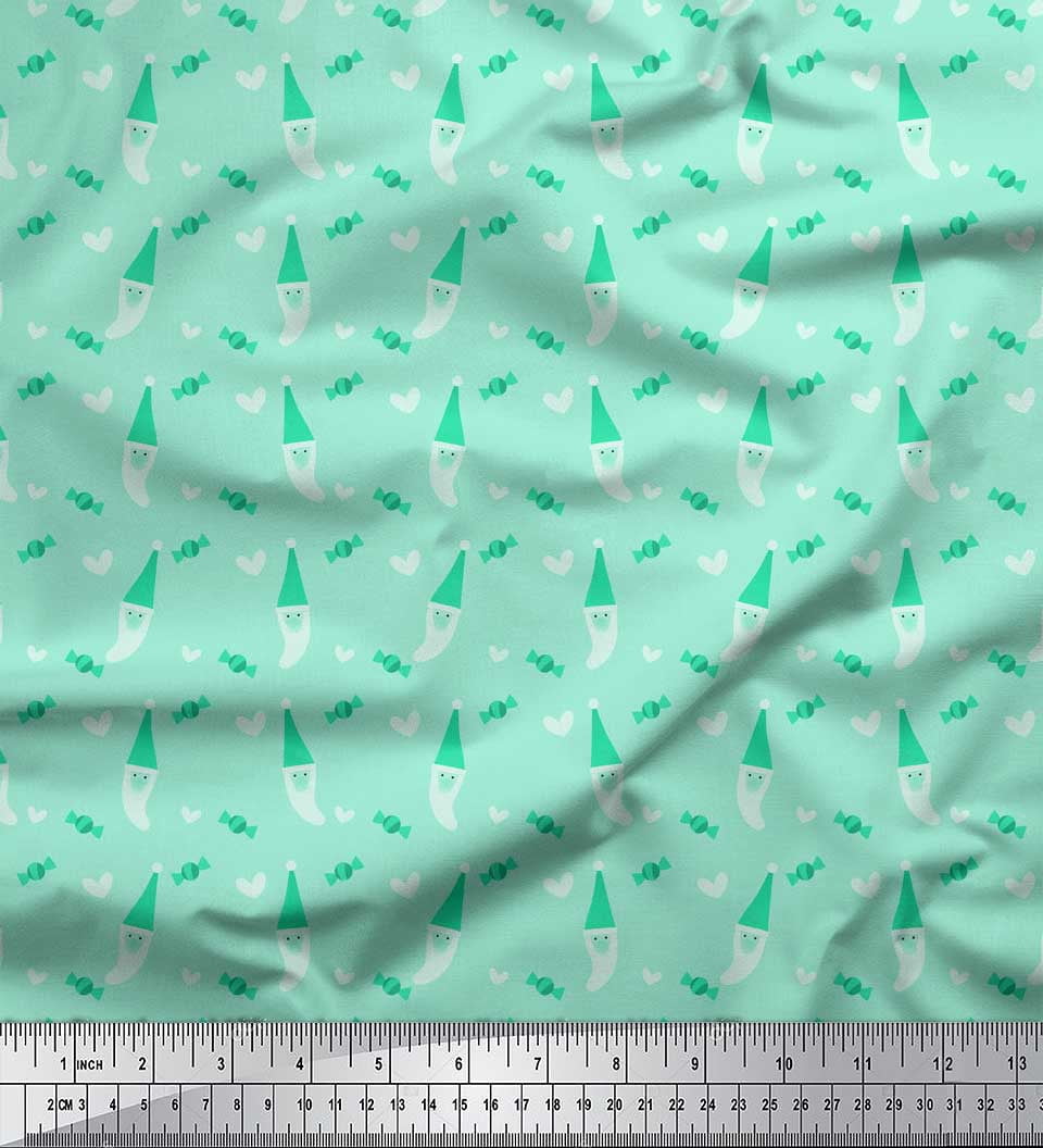 Soimoi Green polyester Crepe Fabric Heart,Candies & Santa Face Christmas Print Fabric by the Yard 52 Inch Wide