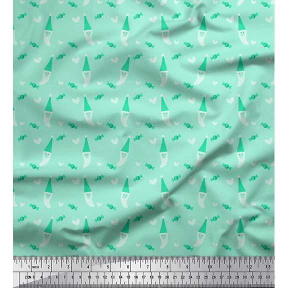 Soimoi Green Cotton Voile Fabric Heart,Candies & Santa Face Christmas Printed Craft Fabric by the Yard 42 Inch Wide