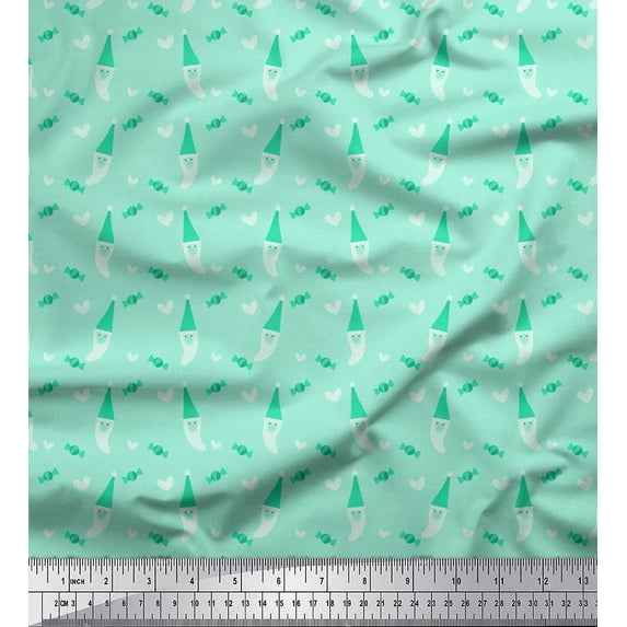 Soimoi Green Rayon Crepe Fabric Heart,Candies & Santa Face Christmas Decor Fabric Printed Yard 46 Inch Wide