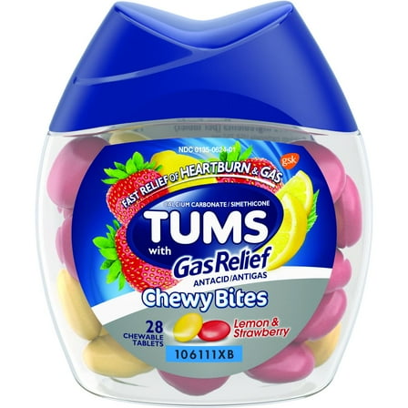 TUMS Chewy Bites Antacid with Gas Relief, Lemon Strawberry Hard Shell Chews for Heartburn   Gas Relief, 28 Antacid Chews