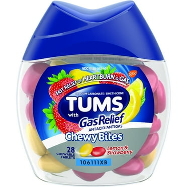 TUMS Chewy Bites Antacid with Gas Relief, Lemon Strawberry Hard Shell Chews for Heartburn + Gas Relief, 28 Antacid Chews