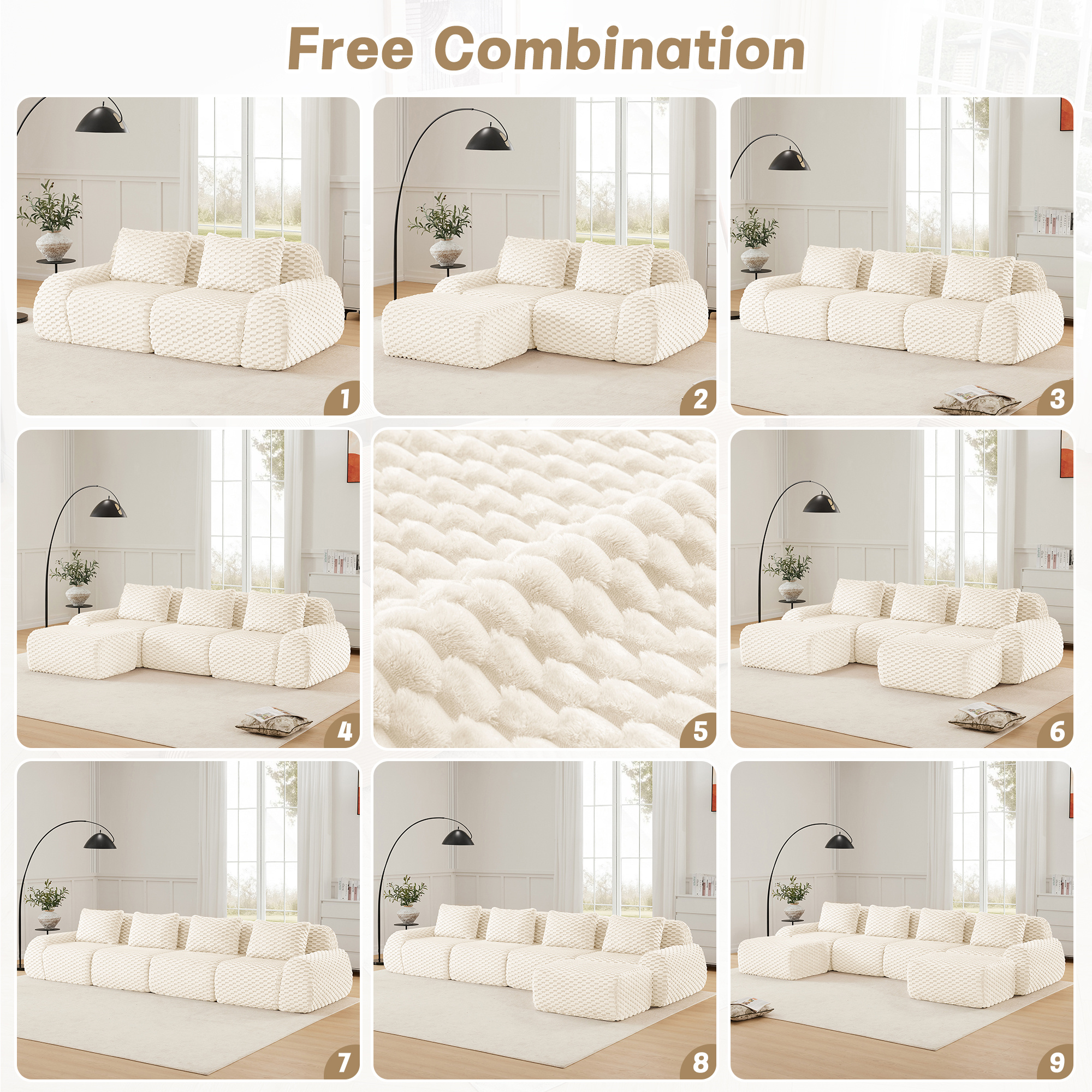 Aukfa 115" Overstuffed Cloud Sectional Sofa 3 Seat Modular Boneless Couch for Living Room, 3 Pillows, Flannel, Cream