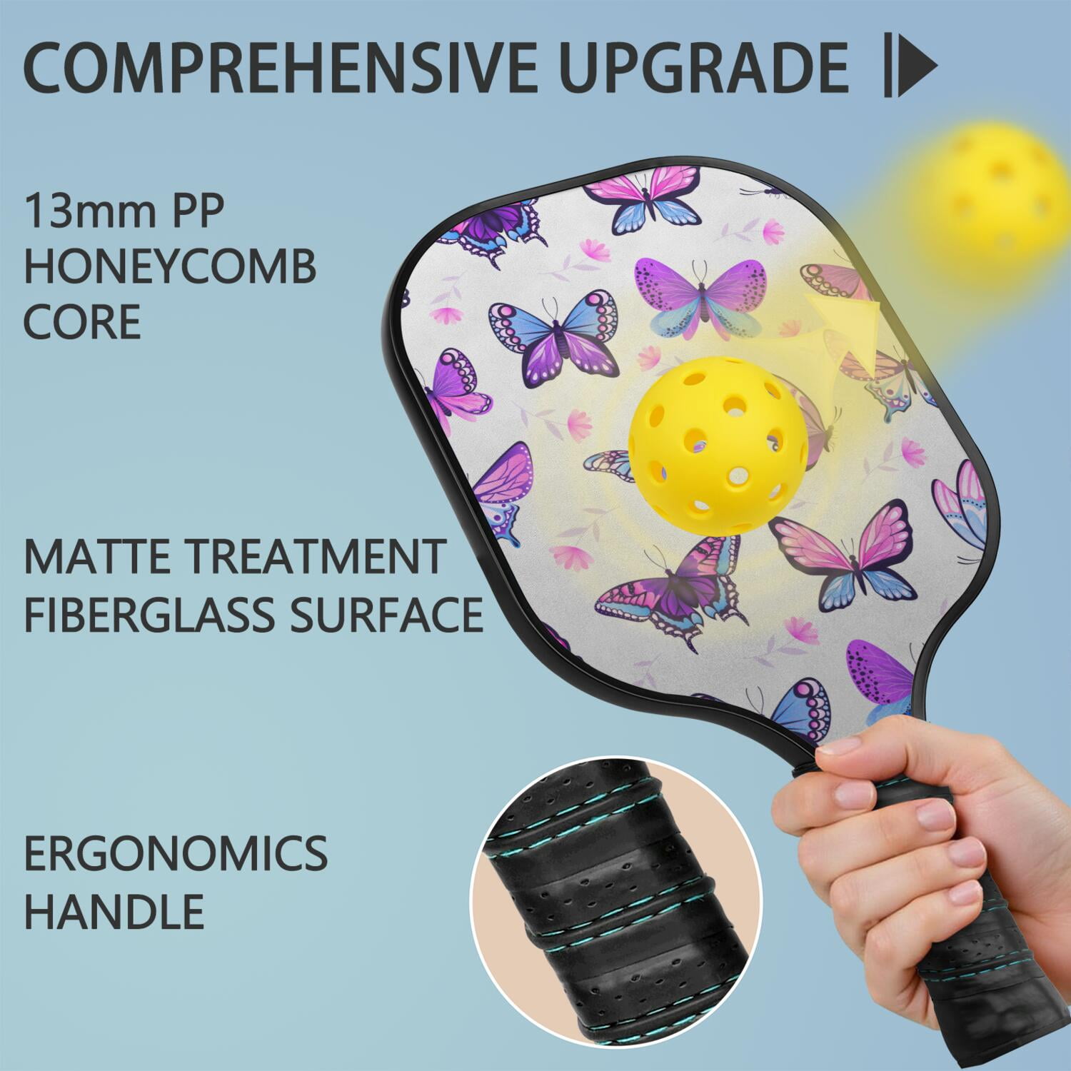 Pickleball Paddles Set Of 2, Fiberglass Surface, Vintage Floral & Butterfly, 4 Balls & Bag