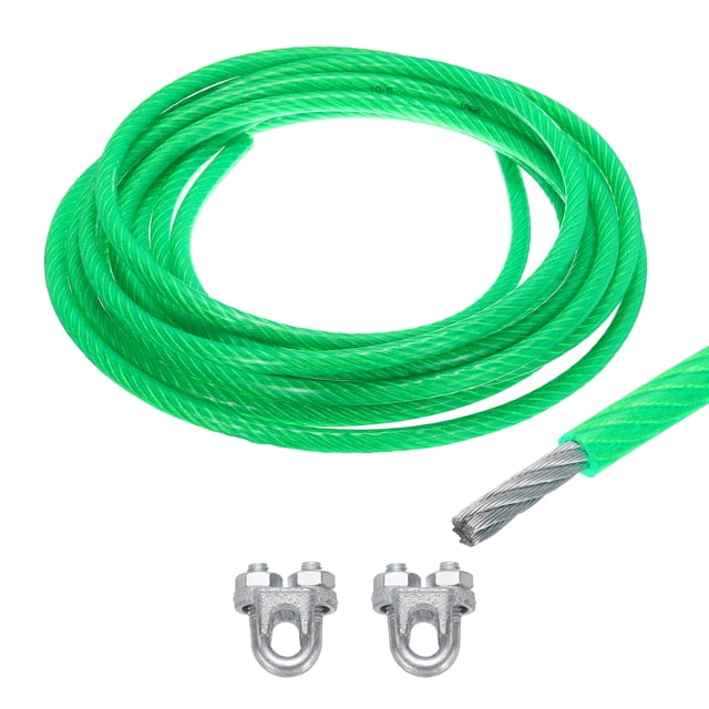 Uxcell 3/8 Green Vinyl Coated Wire Rope 20ft Galvanized Steel with 2PCS M10 Loop Sleeves