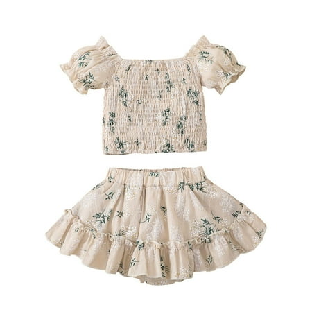 

MHZLDYZ Clearance Girls Shirts Size 10-12 Toddler Girls Short Sleeve Floral Prints Ruffles Tops T Shirt Skirts Outfits Girls Short Sets Size 7-8 (Beige 120)