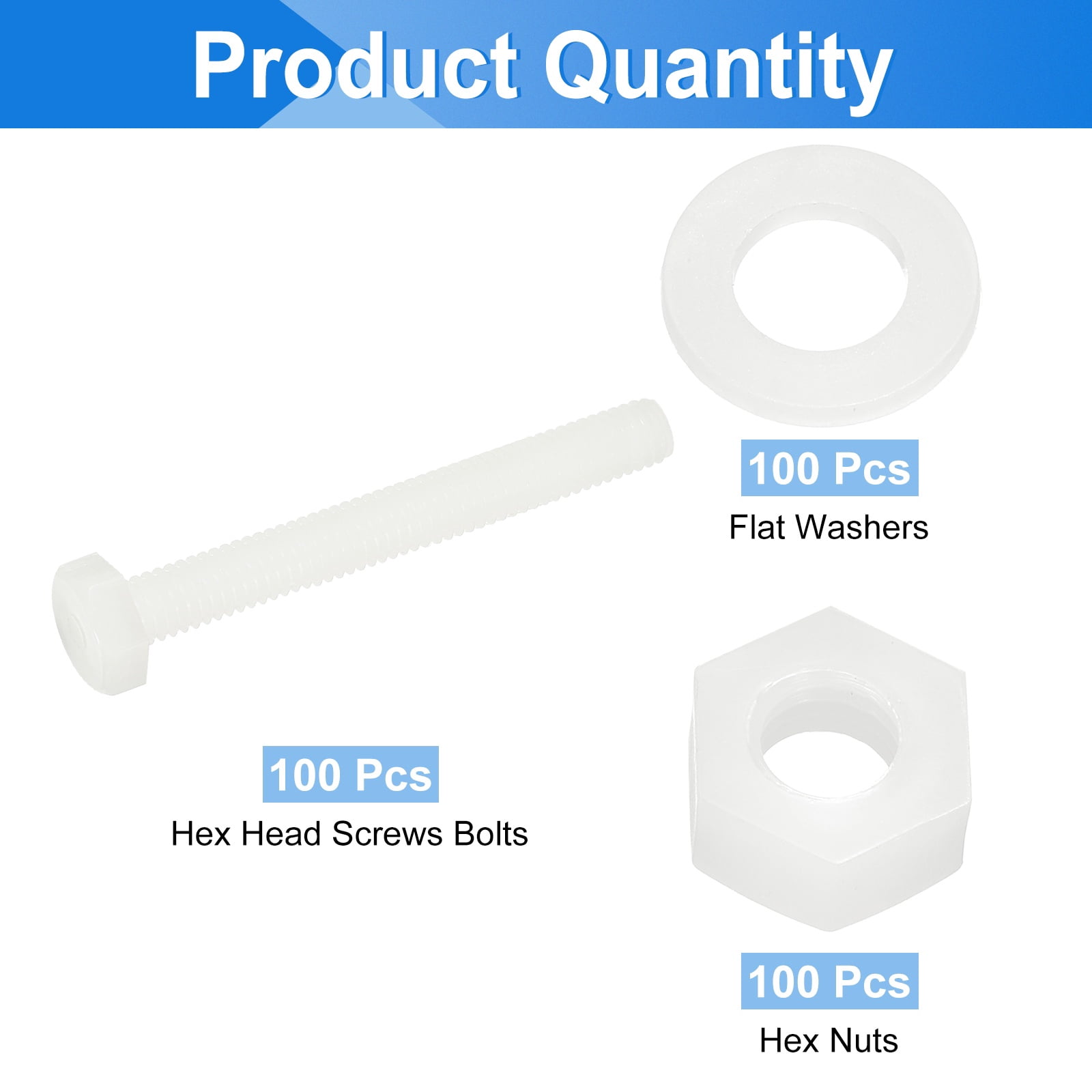 Uxcell 300 Pack/100 Sets Nylon Hex Bolts, M6 x 50mm Plastic Full Threaded Hex Head Screws Bolts and Nuts with Flat Washers for Machinery Electronics Industrial Accessories, White