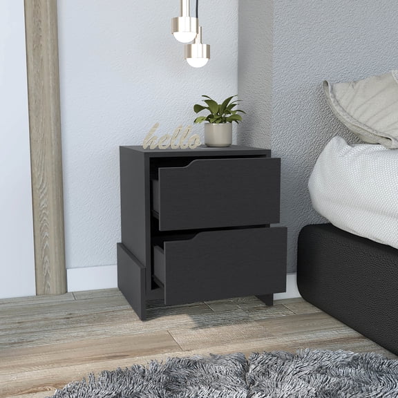Nightstand In Black , Base & 2 Cabinet Bedside Table , Construction With Double Drawers