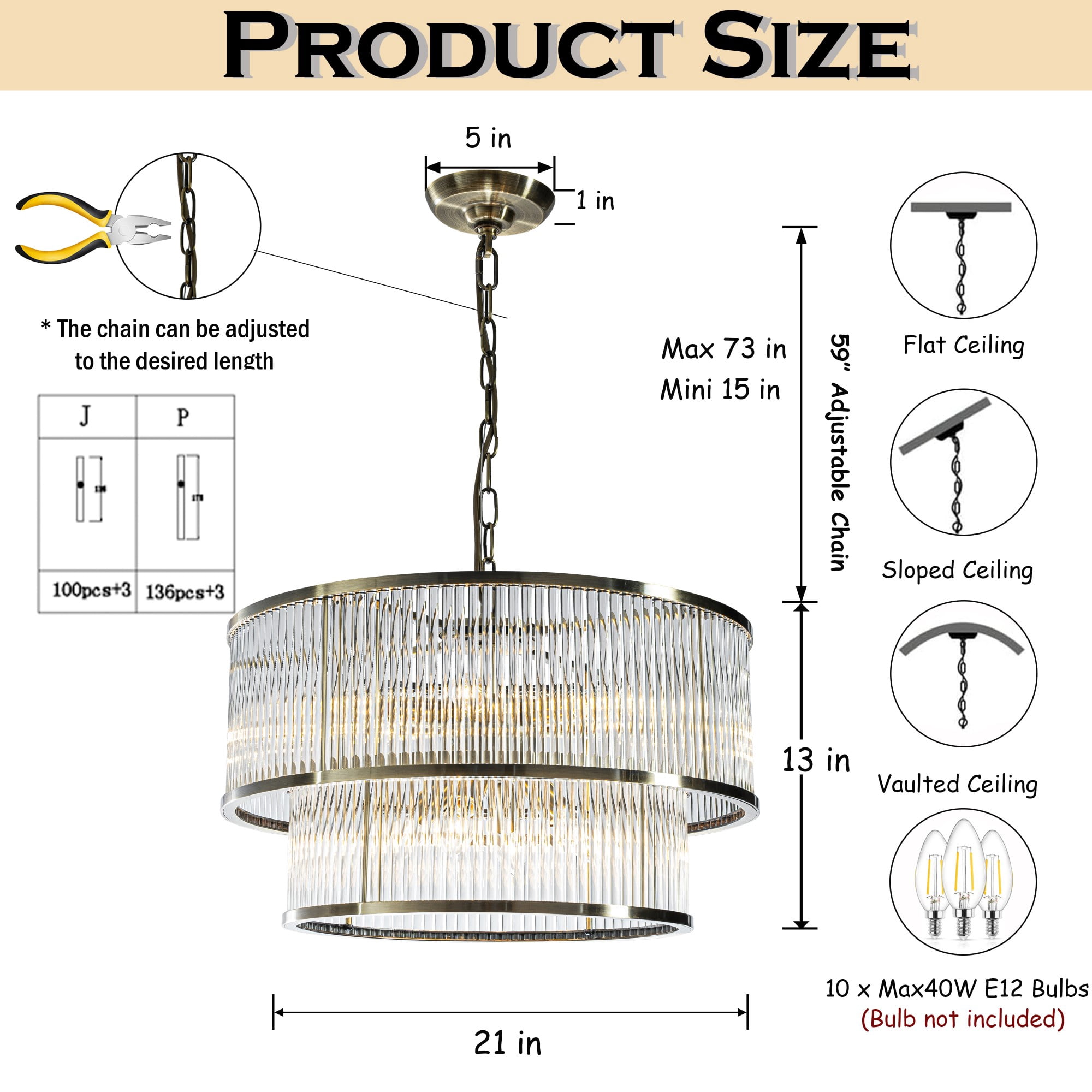 W21in Modern Glam 10-Light 2 Tiered Glass Drum Chandelier in Antique Bronze Contemporary Round Adjustable Hanging Light For Living Room Dining Room