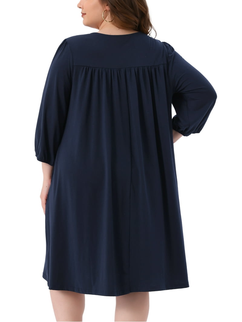 plus size reversible a line dress pockets Agnes Orinda Women's Plus Size Summer Dress Eyelet Hollow Out Notched Neck 3/4 Sleeve Casual Midi Dress with Pockets 1X Dark Blue, Size: 1XL