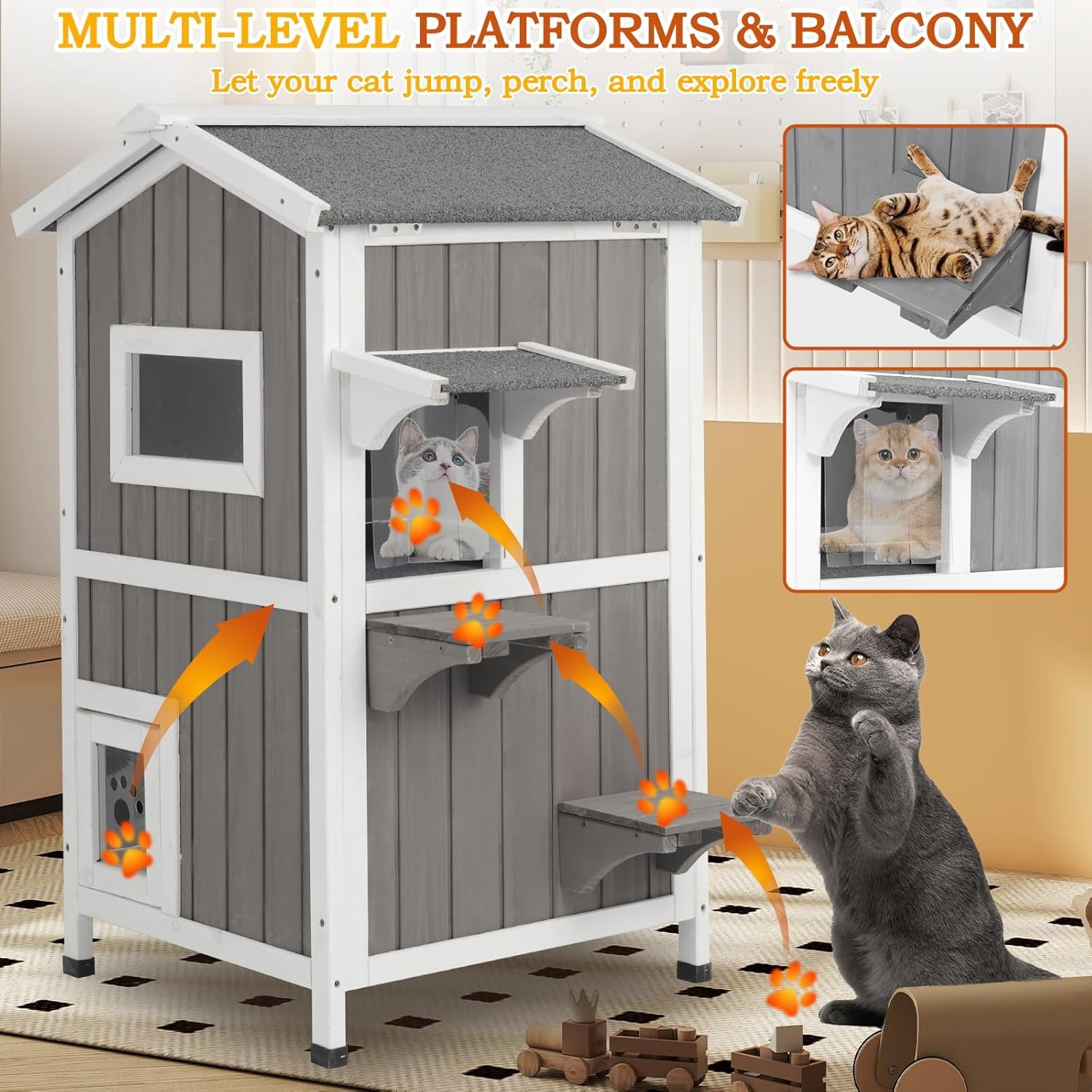 PETSCOSSET Insulated Outdoor Cat House Two Story - Weatherproof Elevated - Gray