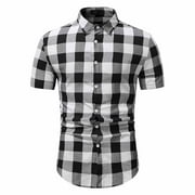 Fengqque Men's Short Sleeve Shirts Clearance Summer Plaid Shirt Short Sleeve Shirt Lapel Top