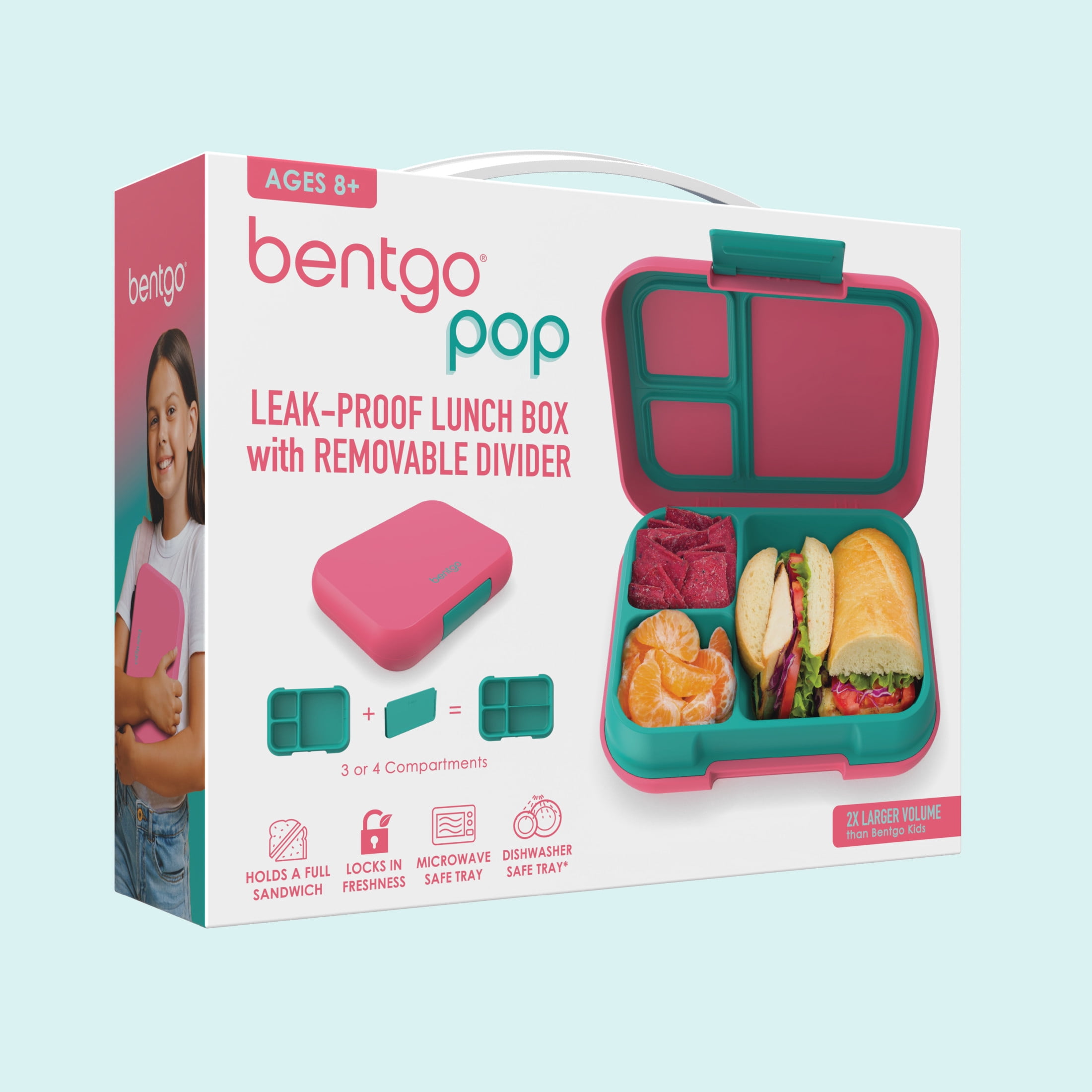 Bentgo® Pop - Leak-Proof Lunch Box & Removable Divider for Ages 8+ & Teens - Lunch Container Holds 5 Cups of Food; 3-4 Compartments; Microwave/Dishwasher Safe; 2 Year Warranty (Bright Coral/Teal)
