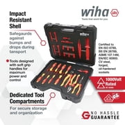 Wiha Tools Insulated 26 Piece Tool Set with Sockets, Ratchets, Extension Bars, Wrenches, Pliers, Cutters, Screwdrivers, Cable Stripping Knife, and Tweezers in 18.11 L x 14.56 W x 4.33 H Tool Case.