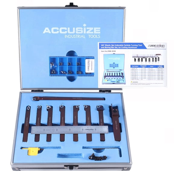 Accusize 3/8" Shank 9pc Indexable Carbide Turning Tool and Boring Bar Set, for Cutting Aluminum, 3988-0038