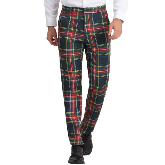 Pantalones de traje clásicos de ajuste regular de cuadros para hombre Inspire Chic, con frente plano y cintura elástica, 36 Rojo Marino