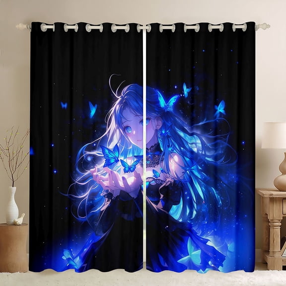 Erosebridal Kawaii Japanese Girl Black Out Curtains,Blue Wild Butterfly Curtains Pack of 2 (42x63 Each) For Kids