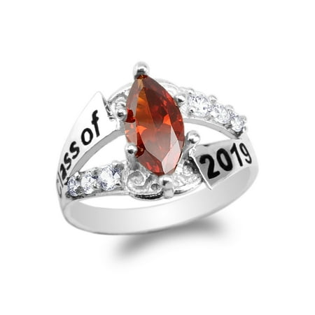 Garnet Clasp - 925 Sterling Silver Graduation Class of 2019 School Ring with 1.25ct Garnet Red Marquise CZ Size 4-10