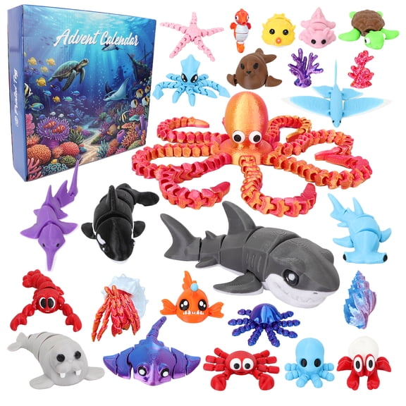 Sumsoltic 3D Printed Animals Advent Calendar, 24 PCS Sea Creatures Toys for Kids, Ocean Animals Figures Fidget Toys Christmas Countdown Gifts for Boys & Girls Age 3-8