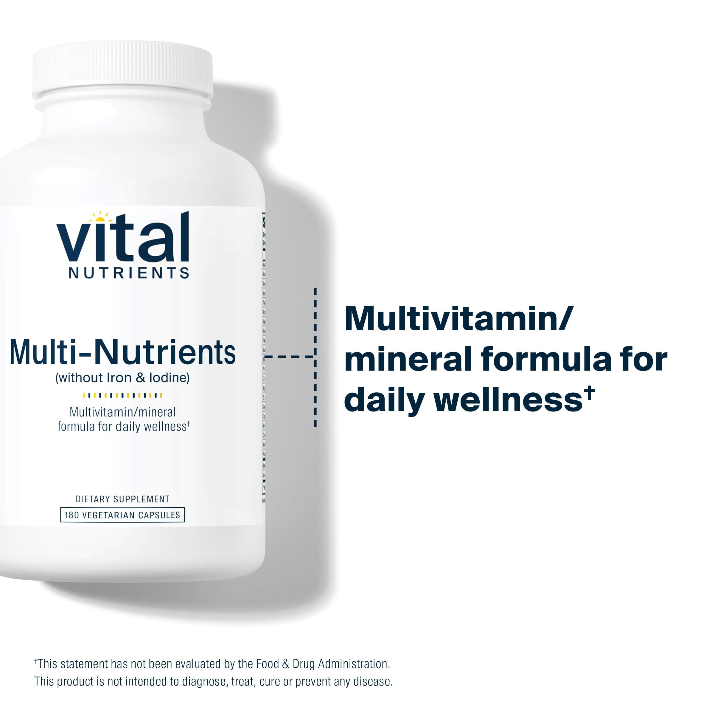Vital Nutrients Multi-Nutrients (No Iron or Iodine) | Comprehensive Vegetarian Daily Multivitamin and Mineral Formula with Potent Antioxidants | Gluten, Dairy, Soy Free | Non-GMO | 180 Capsules