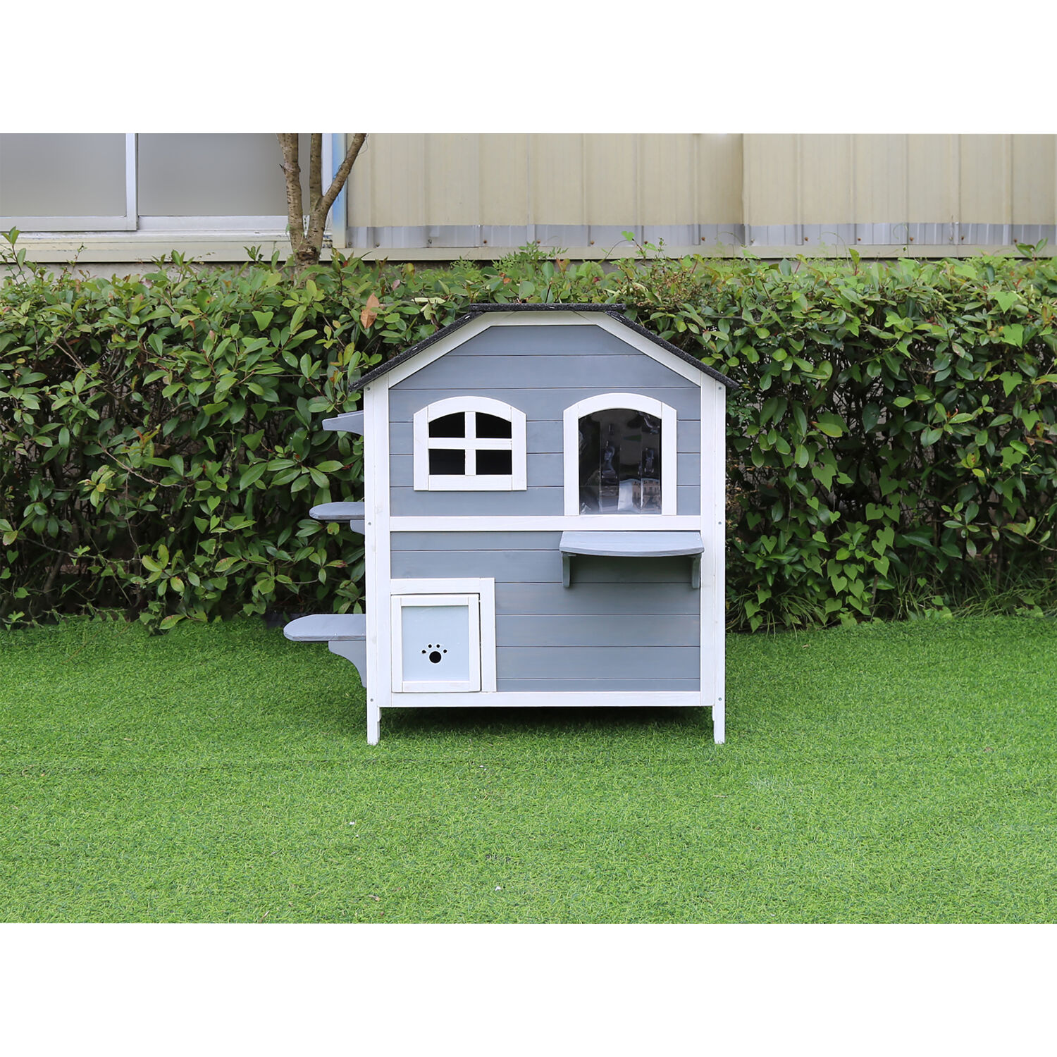 Hanover Wood Outdoor Cat House with Multi Levels, Waterproof Roof, Escape Doors, and Ledge Seating 30.7" x 22"x 35.4"