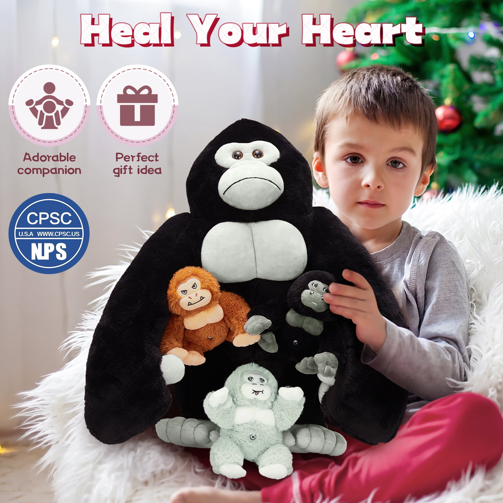 MorisMos 19.6" Black Gorillas Stuffed Animal Mommy Gorillas with 3 Baby Plush Toys