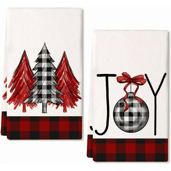 SM-XLHN Christmas Kitchen Towels Set of 2,Black Buffalo Plaid Xmas Tree Dish Towels 18x26 Inch Drying Dishcloth,Farmhouse Home Decoration AD008