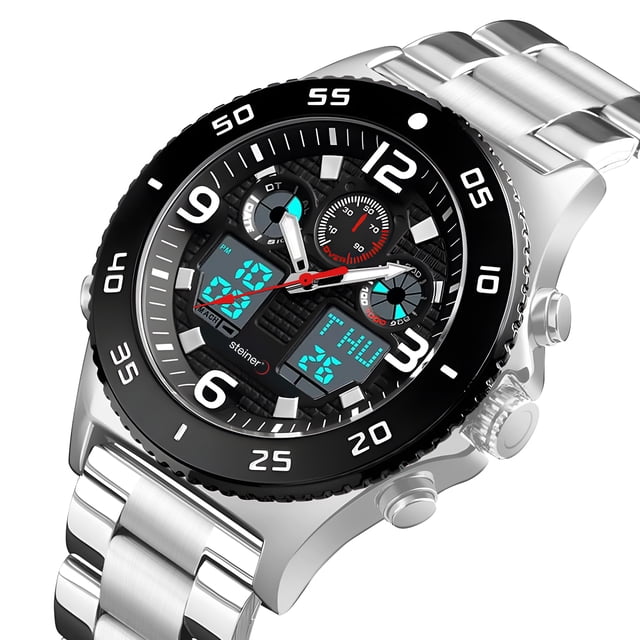 Reloj De Hombre Análogo y Digital Steiner Bisel Giratorio Acero Inoxidable Plata