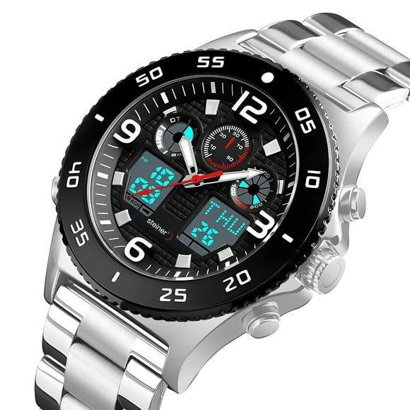 Reloj De Hombre Análogo y Digital Steiner Bisel Giratorio Acero Inoxidable Plata