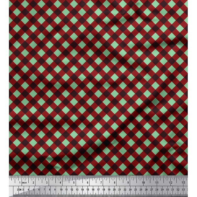 Soimoi Green Moss Georgette Fabric Diagonal Check Print Sewing Fabric Yard 42 Inch Wide