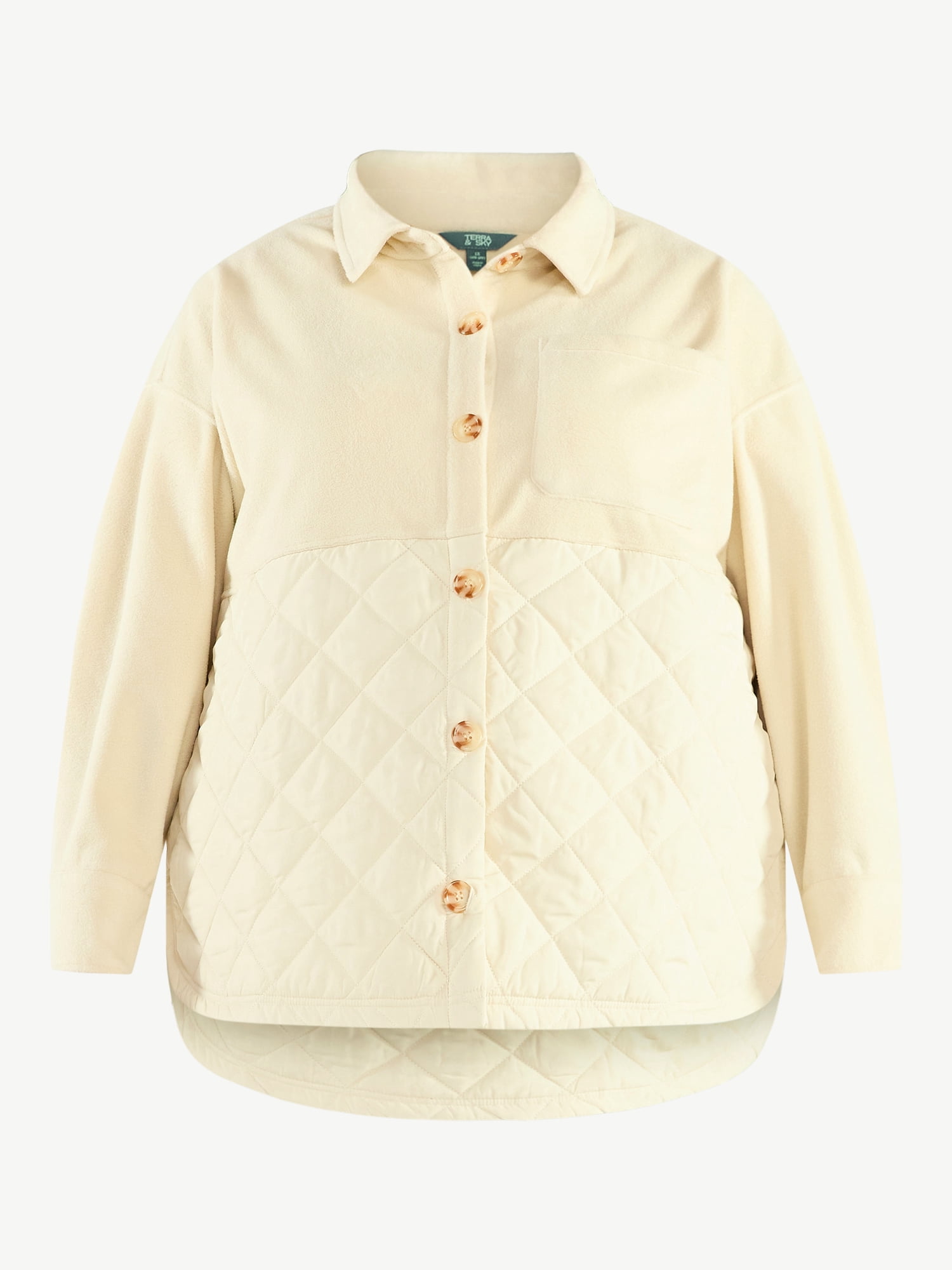 Terra & Sky Women's Plus Size Quilt Mix Button Front Shacket with Long Sleeves, Sizes 1X-5X