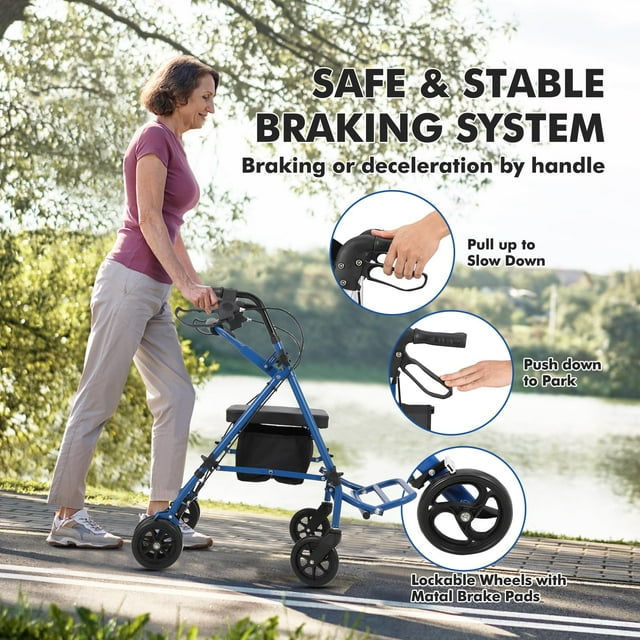 EDTara Marchette et Fauteuil Roulant Pliants 2-en-1 pour Aînés, Déambulateur Capacité de 300 Lb avec Roues Tout-Terrain, Système de Sécurité à Double Frein, Sac de Rangement Amovible et Cadre en Aluminium Léger