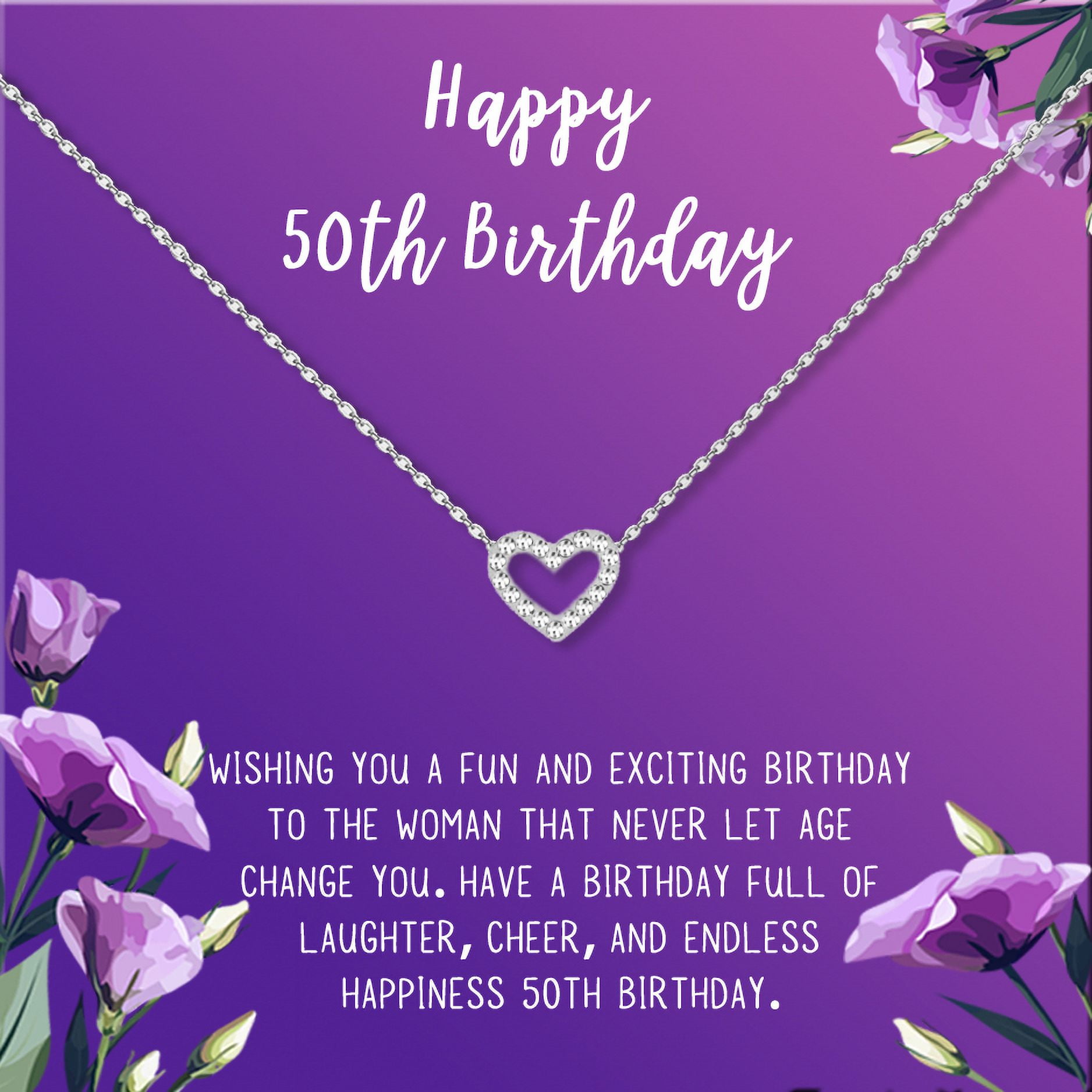 Anavia Happy 50st Birthday Gifts Stainless Steel Fashion Necklace Birthday Card Jewelry Gift for Her, Birthday Gift for Grandma-[Silver Mini Crystal Heart, Royal Purple Gift Card]