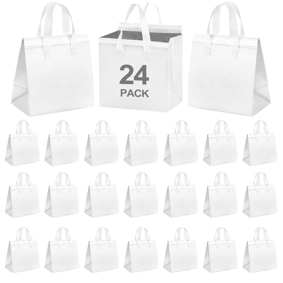 24 Pack Insulated Take Out Bags Bulk in Thermal Insulation Lunch Bag for Hot Cold Food Coffee Milk Tea BBQ or Wedding Birthday Catering Restaurant Grocery Picnic Donation Gift Bag(White )